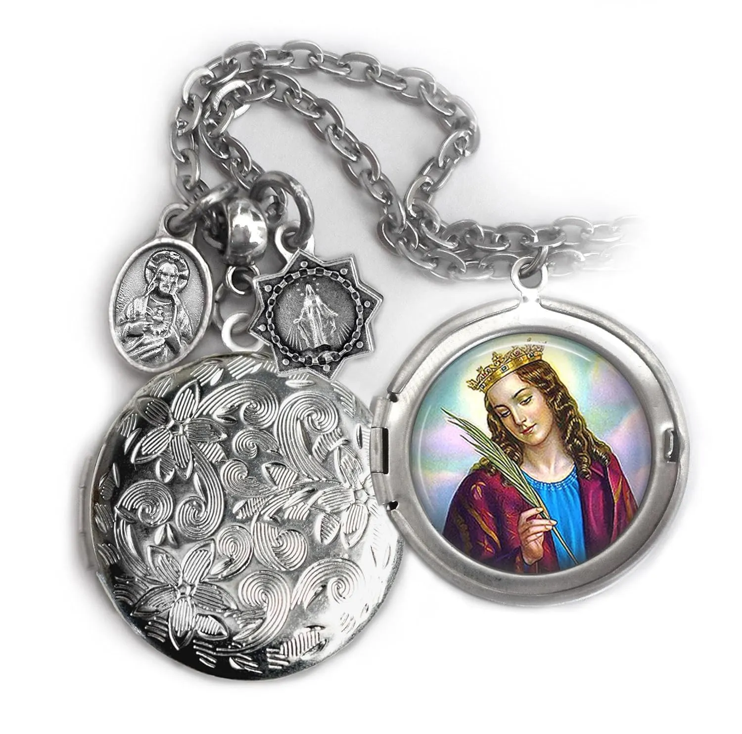 St. Catherine of Alexandria Locket Necklace, Patron Saint Confirmation Gift, Italian Charms, Catholic Jewelry