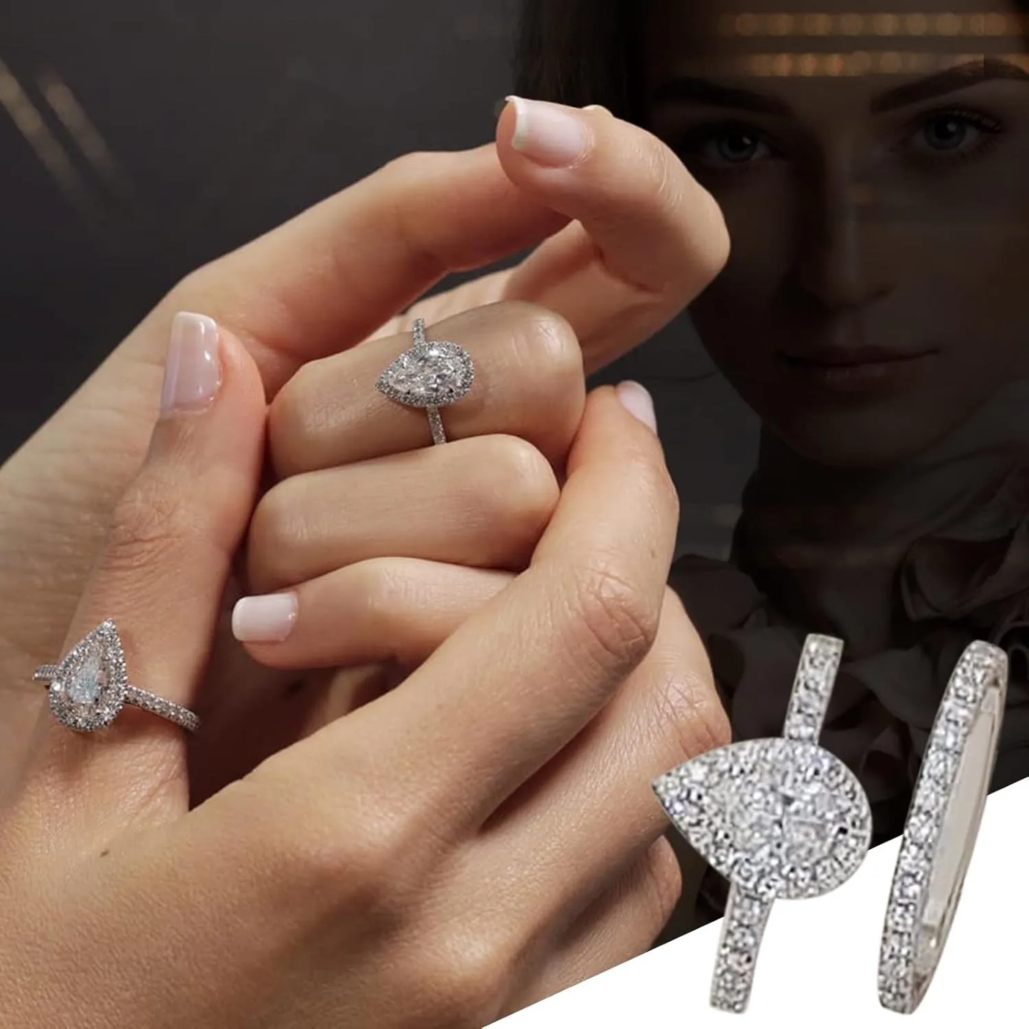 Stackable Ring 925 Silver Wedding Engagement Ring Sets for Women Vintage Pear CZ Bridal Rings With Cubic Zirconia