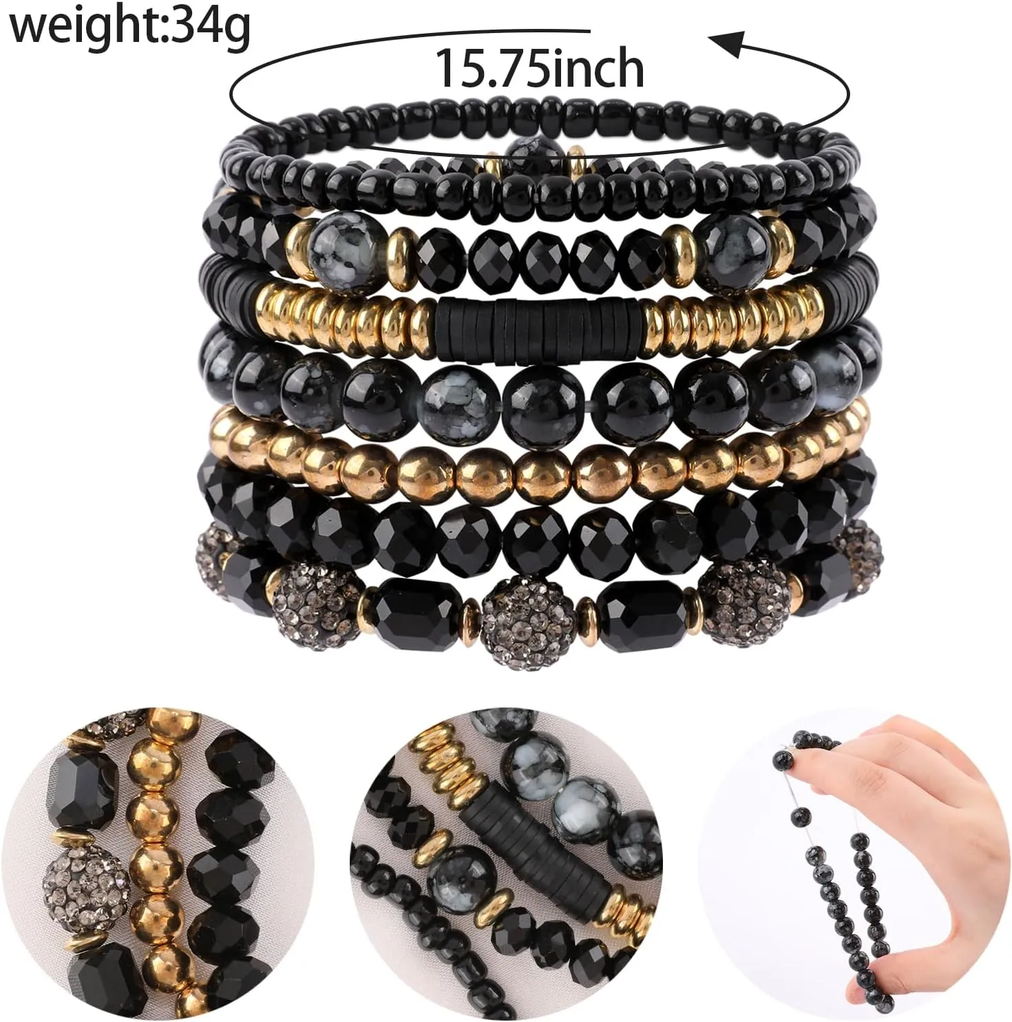 Stackble Beaded Bracelets for Women Boho Colorful Glass Faceted Beads Bracelets Natural Stone Gemstone Plastic Pearl Seed Beads Ball Beads Handmade Stretch Friendship Bracelets Bohemian Jewelry Gift