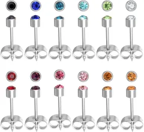 Stainless Steel Ear Piercing Stud Earrings for Piercing Guns Gold Plated Surgical Steel Round CZ Birthstone Stud Earrings Set 12 Pairs