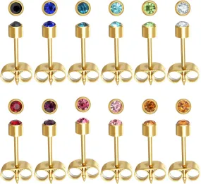 Stainless Steel Ear Piercing Stud Earrings for Piercing Guns Gold Plated Surgical Steel Round CZ Birthstone Stud Earrings Set 12 Pairs