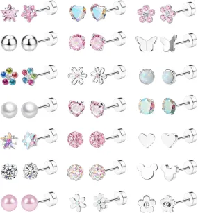 Staligue 8 & 21 Pairs Hypoallergenic Screw Back Earrings for Women  20G Surgical Steel Flat Back Studs with Heart, CZ, Pearl, Star & Ball Designs | Tiny Cartilage Jewelry Options