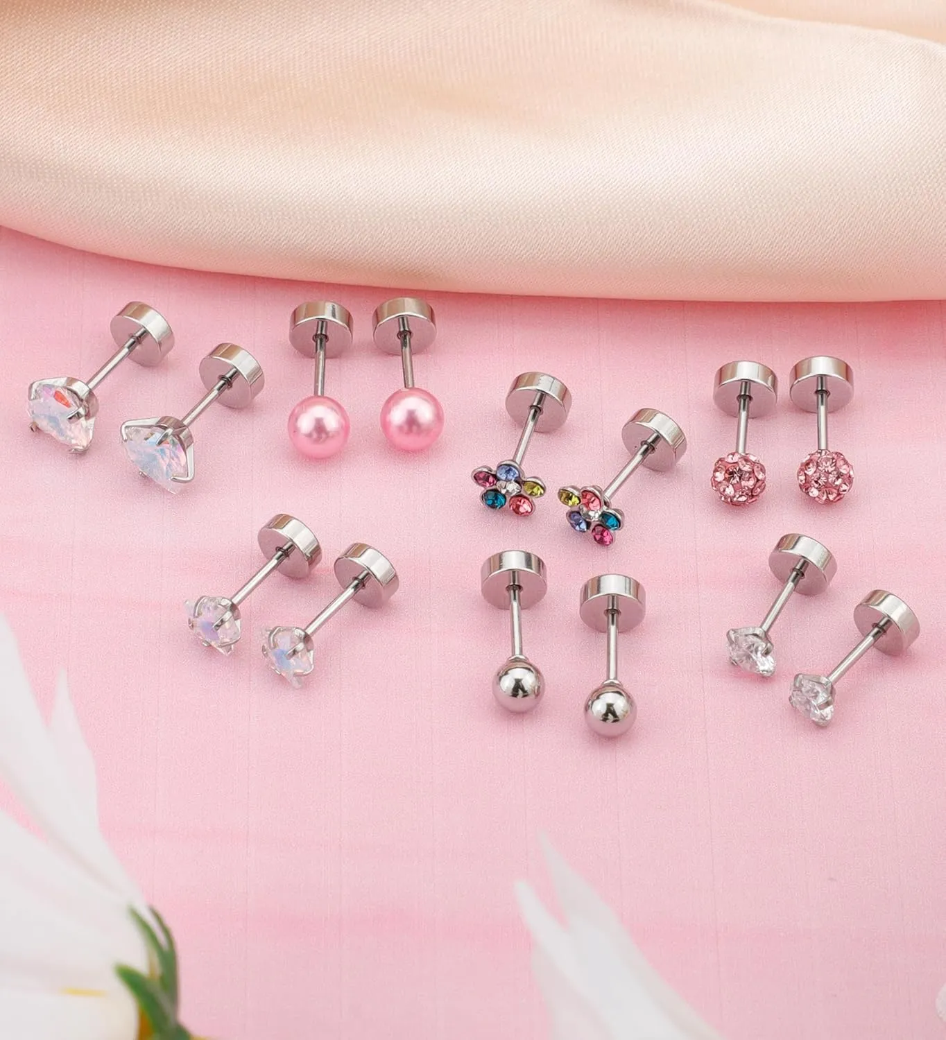 Staligue 8 & 21 Pairs Hypoallergenic Screw Back Earrings for Women  20G Surgical Steel Flat Back Studs with Heart, CZ, Pearl, Star & Ball Designs | Tiny Cartilage Jewelry Options
