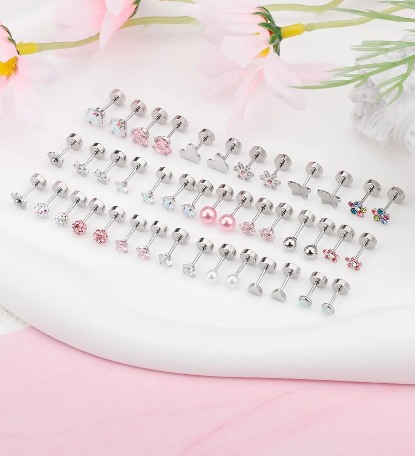 Staligue 8 & 21 Pairs Hypoallergenic Screw Back Earrings for Women  20G Surgical Steel Flat Back Studs with Heart, CZ, Pearl, Star & Ball Designs | Tiny Cartilage Jewelry Options