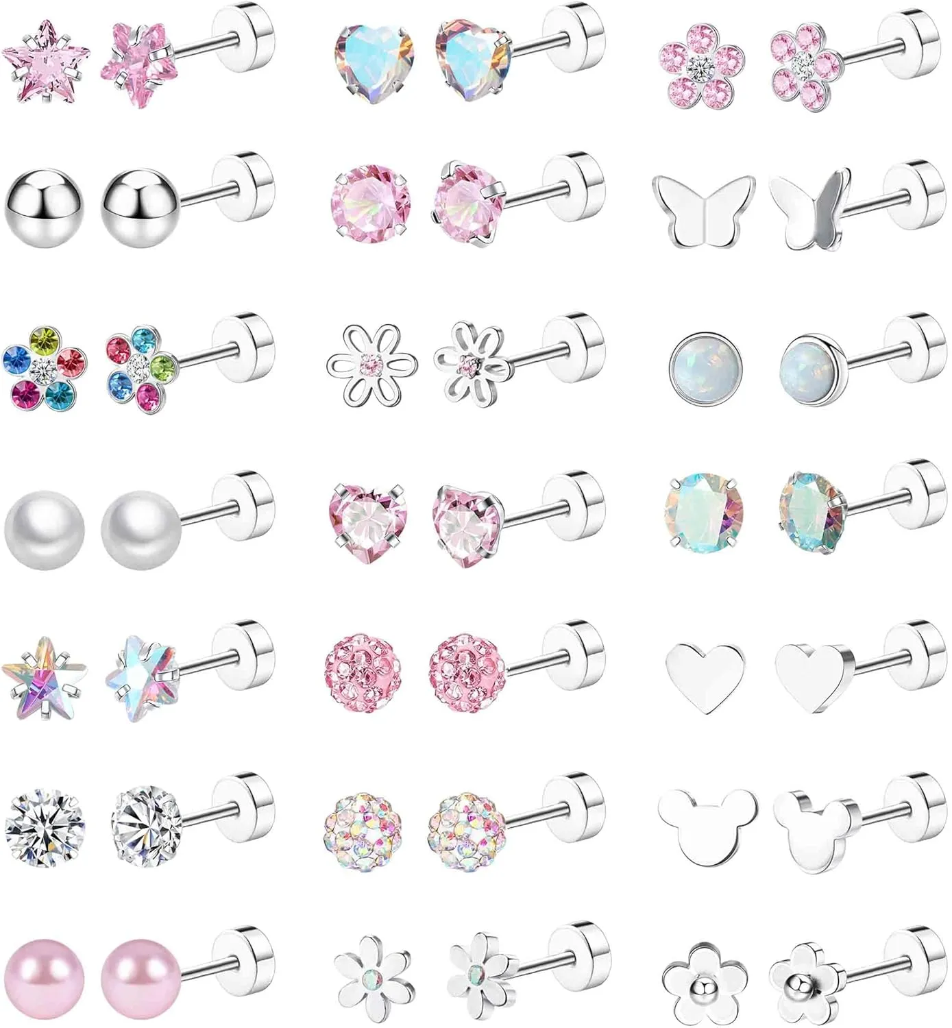 Staligue 8 & 21 Pairs Hypoallergenic Screw Back Earrings for Women  20G Surgical Steel Flat Back Studs with Heart, CZ, Pearl, Star & Ball Designs | Tiny Cartilage Jewelry Options