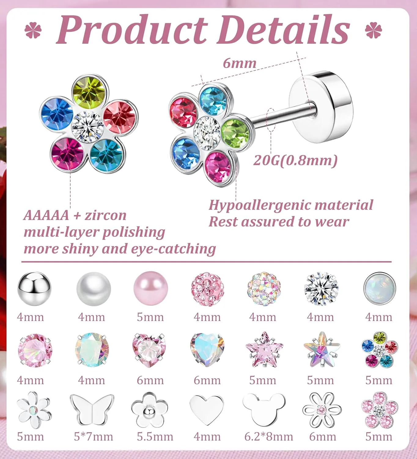Staligue 8 & 21 Pairs Hypoallergenic Screw Back Earrings for Women  20G Surgical Steel Flat Back Studs with Heart, CZ, Pearl, Star & Ball Designs | Tiny Cartilage Jewelry Options