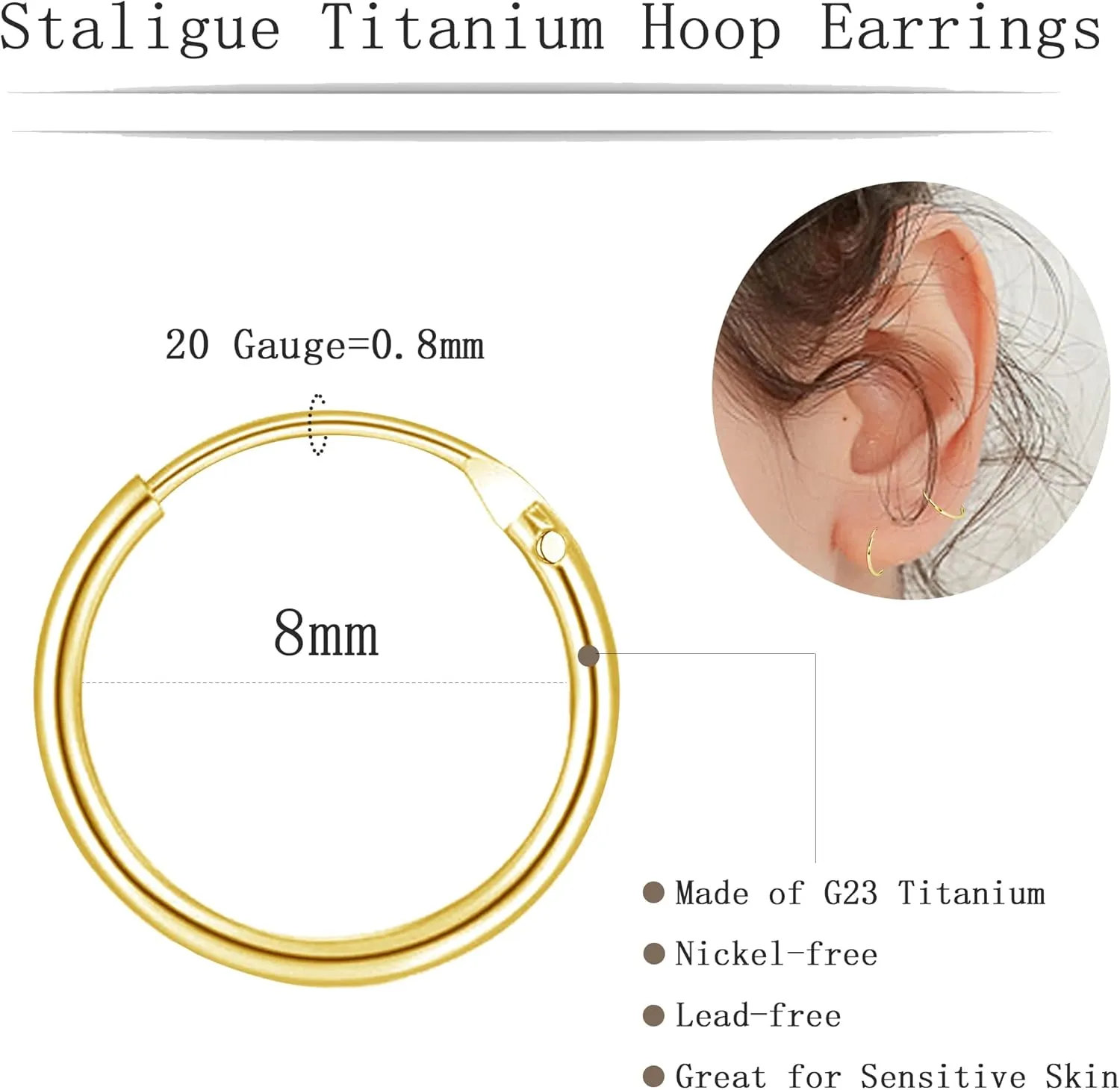Staligue G23 Titanium Hoop Earrings for Women Men Hypoallergenic Endless Hoop Earrings Cartilage Sleeper Lightweight Small Hoop Earrings 6MM 8MM 10MM 12MM 14MM 18MM 20MM