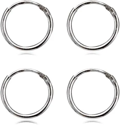 Sterling Silver Small Tiny Endless 12mm Round Unisex Hoop Earrings for Men Women Set of 2 Pairs