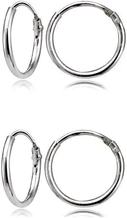 Sterling Silver Small Tiny Endless 12mm Round Unisex Hoop Earrings for Men Women Set of 2 Pairs