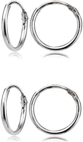 Sterling Silver Small Tiny Endless 12mm Round Unisex Hoop Earrings for Men Women Set of 2 Pairs