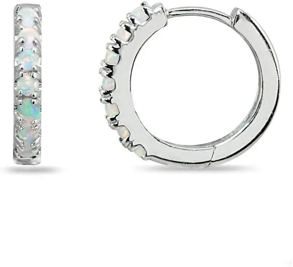 Sterling Silver Tiny Small 15mm Prong-set Genuine or Synthetic Gemstone Round Small Huggie Hoop Earrings for Women