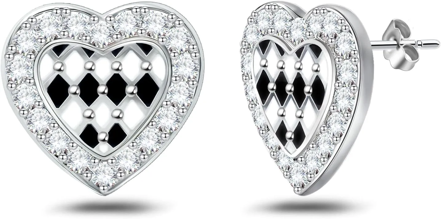 Sterling Sliver Heart-Shaped Plaid Stud Earrings for Women Hypoallergenic Lightweight Fashion checkerboard Cubic Zirconia Stud Earrings Suitable for Sister Mom Wife Friends