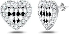 Sterling Sliver Heart-Shaped Plaid Stud Earrings for Women Hypoallergenic Lightweight Fashion checkerboard Cubic Zirconia Stud Earrings Suitable for Sister Mom Wife Friends