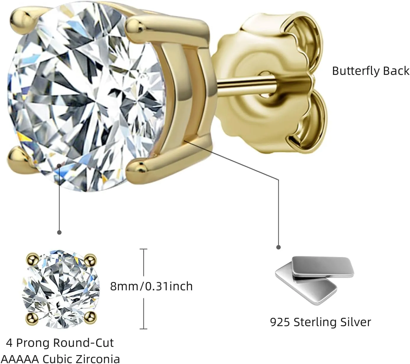Stud Earrings 925 Sterling Silver Cubic Zirconia Stud Earrings Round Cut 2ct-4ct Simulated Diamond CZ Stud Earrings for Women Men Jewelry Gifts