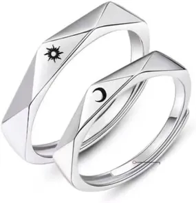 Sun and Moon Couple Rings Pair Ring 925 Sterling Silver Couple Rings Adjustable Couple Matching Rings Valentine's Day Engagement Wedding Band Set for Couples Promise Couple Ring,B