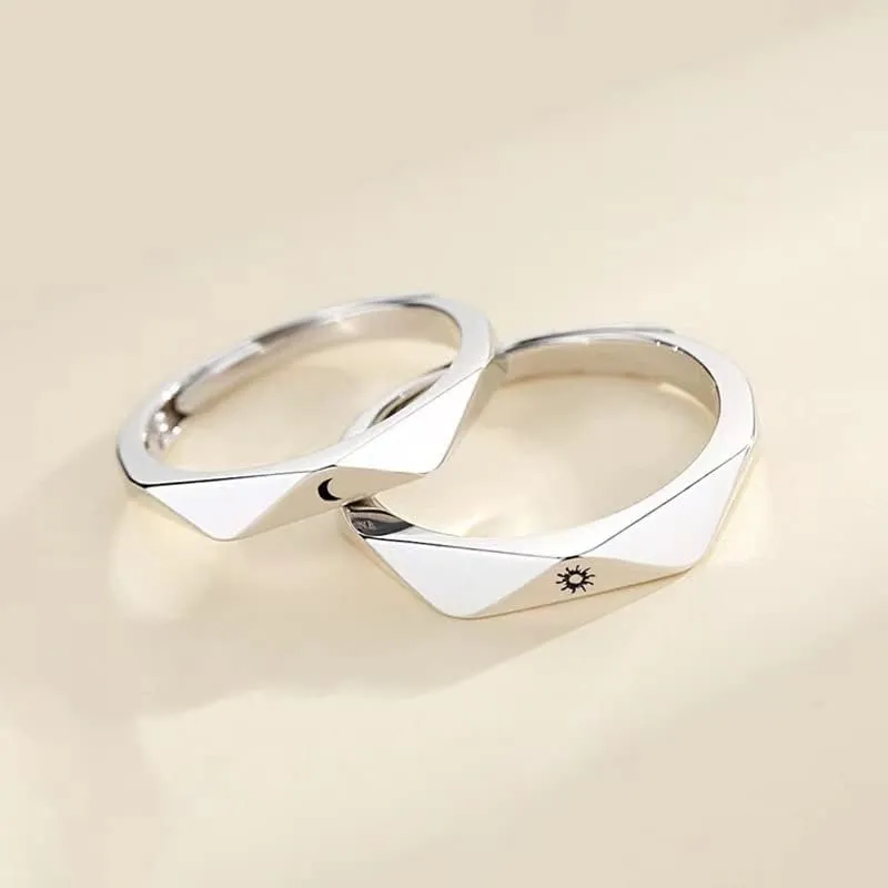 Sun and Moon Couple Rings Pair Ring 925 Sterling Silver Couple Rings Adjustable Couple Matching Rings Valentine's Day Engagement Wedding Band Set for Couples Promise Couple Ring,B