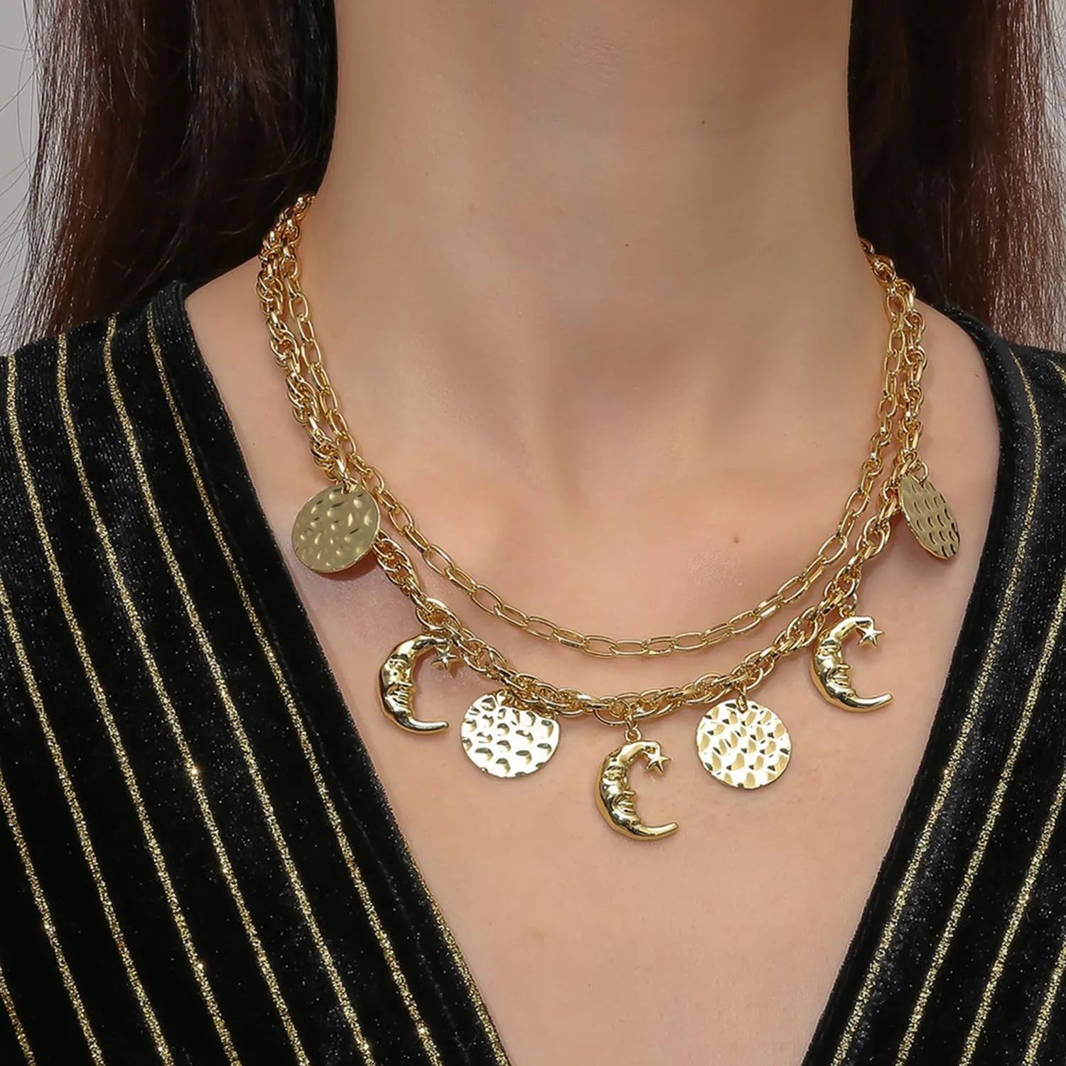 Sun Moon Necklace for Women Pearl Charm Necklace Pearl Moon Pendant Necklace Gold Paperclip Chain Necklace for Women Jewelry