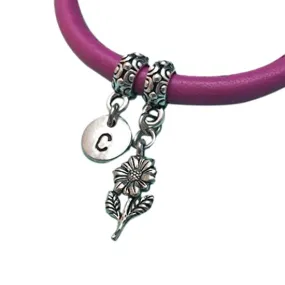 Sunflower leather bracelet, sunflower charm bracelet, leather bangle, charm bangle, personalized bracelet, initial bracelet, monogram