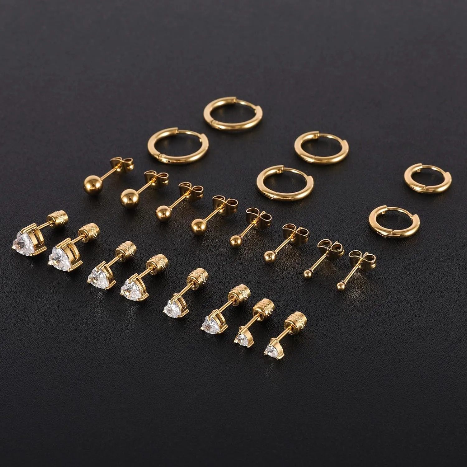Surgical Stainless Steel Screw Back Stud Earrings Set, Gold Plated Round Heart Square Princess Cut Cubic Zirconia Stud Earrings for Women