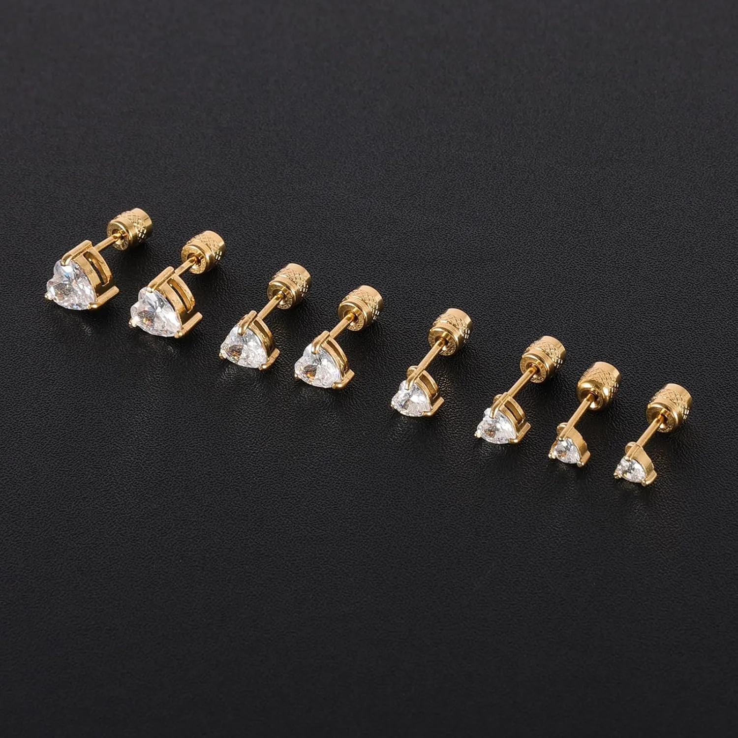 Surgical Stainless Steel Screw Back Stud Earrings Set, Gold Plated Round Heart Square Princess Cut Cubic Zirconia Stud Earrings for Women
