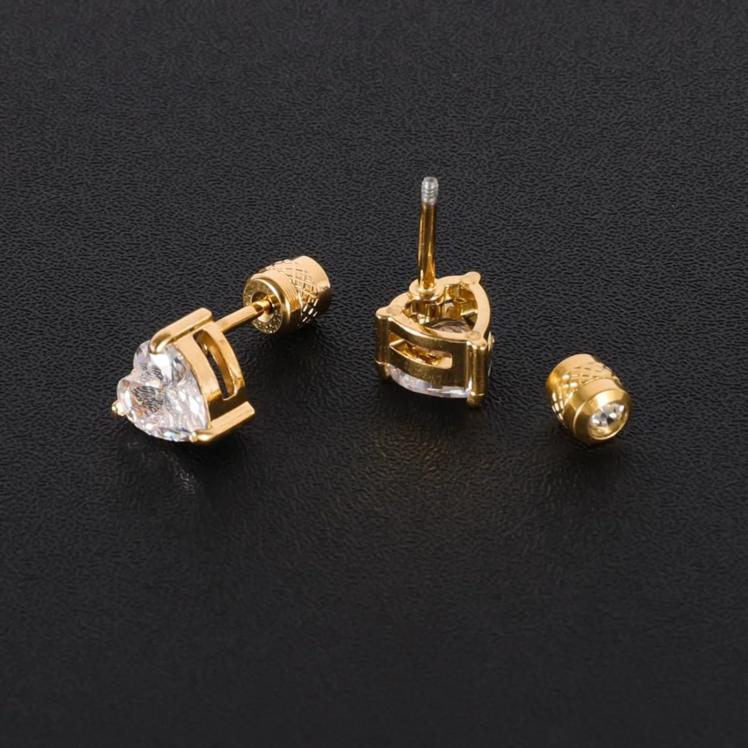 Surgical Stainless Steel Screw Back Stud Earrings Set, Gold Plated Round Heart Square Princess Cut Cubic Zirconia Stud Earrings for Women