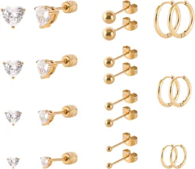 Surgical Stainless Steel Screw Back Stud Earrings Set, Gold Plated Round Heart Square Princess Cut Cubic Zirconia Stud Earrings for Women