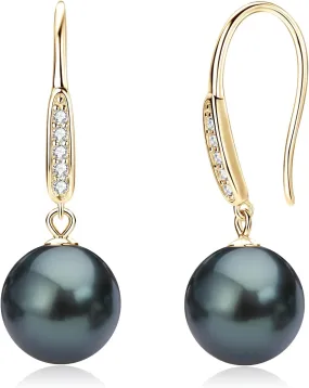 Tahitian Black Pearl Drop Earrings, 9-10mm Genuine Tahitian Pearls with D Color Moissanite, Sterling Silver Anniversary Birthday Jewelry Gifts for Women