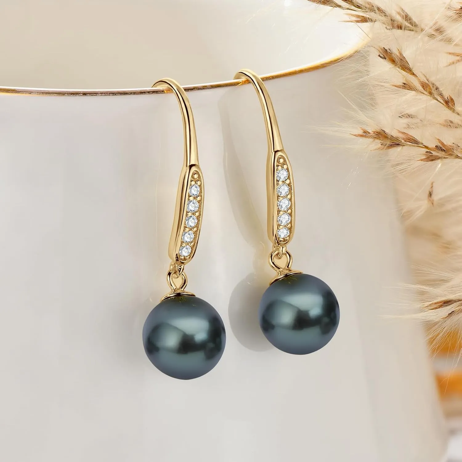 Tahitian Black Pearl Drop Earrings, 9-10mm Genuine Tahitian Pearls with D Color Moissanite, Sterling Silver Anniversary Birthday Jewelry Gifts for Women