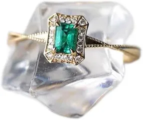 Taoqiao Gold Simulated Emerald Rings for Women Dainty Engagement Ring for Women Octagon Shape Zircon Promise Rings 14K Gold Plated Rings with Sparkling Diamonds Size 5-9
