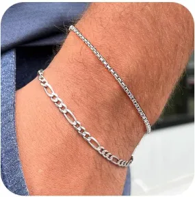 Tasiso Silver Layered Chain Bracelets for Men, Size 7"/7.5"/8" Silver Rope Figaro Mens Bracelet Set Men Jewelry Gifts for Dad Boyfriend Husband