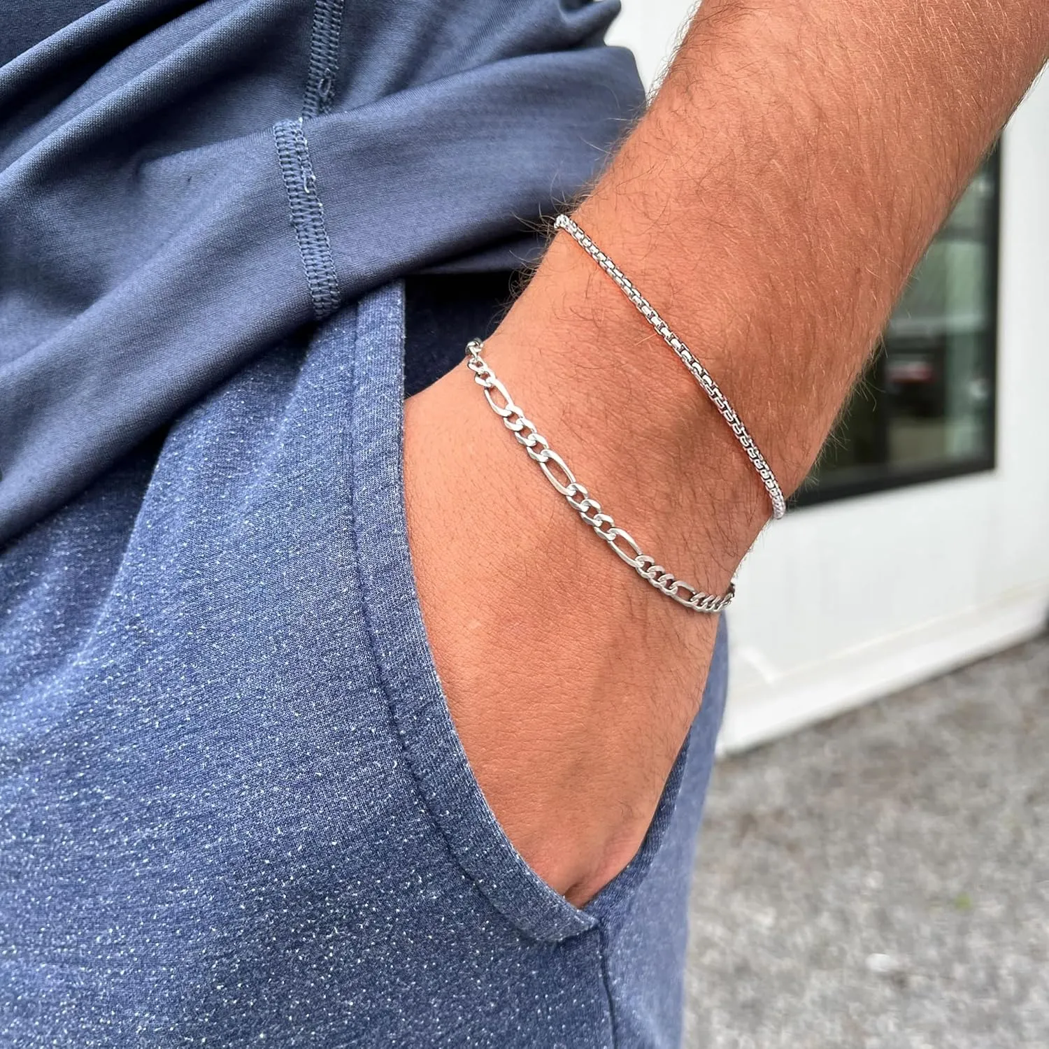 Tasiso Silver Layered Chain Bracelets for Men, Size 7"/7.5"/8" Silver Rope Figaro Mens Bracelet Set Men Jewelry Gifts for Dad Boyfriend Husband