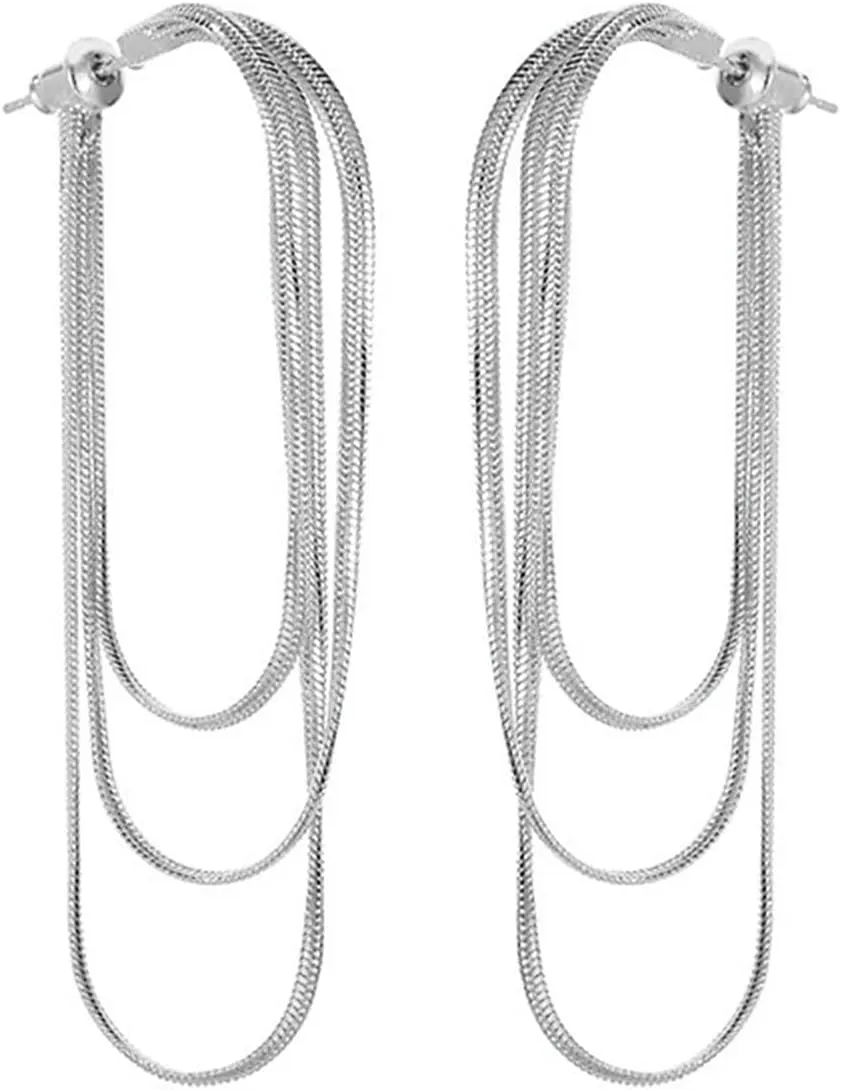Tassel Earrings 18K White/Yellow Gold Plated Dangle Drop Earrings for Women Three Loop Chain Long Earring Fine Jewelry for Women