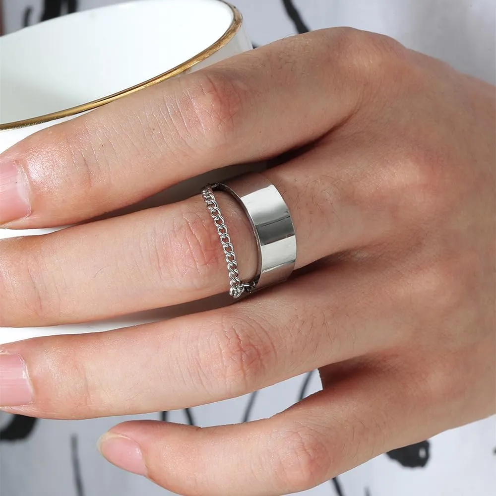 Tassels Link Minimalist Stainless Steel Band Ring High Polished Wedding Bands Finger Thumb Unique Design Classical Simple Plain Dangling Chain Engagement Promise Couple Rings for Women Men Comfort Fit