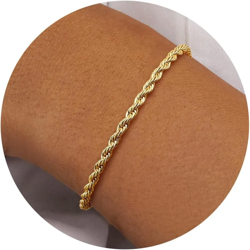 TEN MIRO 16k Chunky Gold Bracelets for Women Trendy, Sweatproof Gold Chunky Rope Chain Bracelet Non Tarnish Rope Bracelets for Women