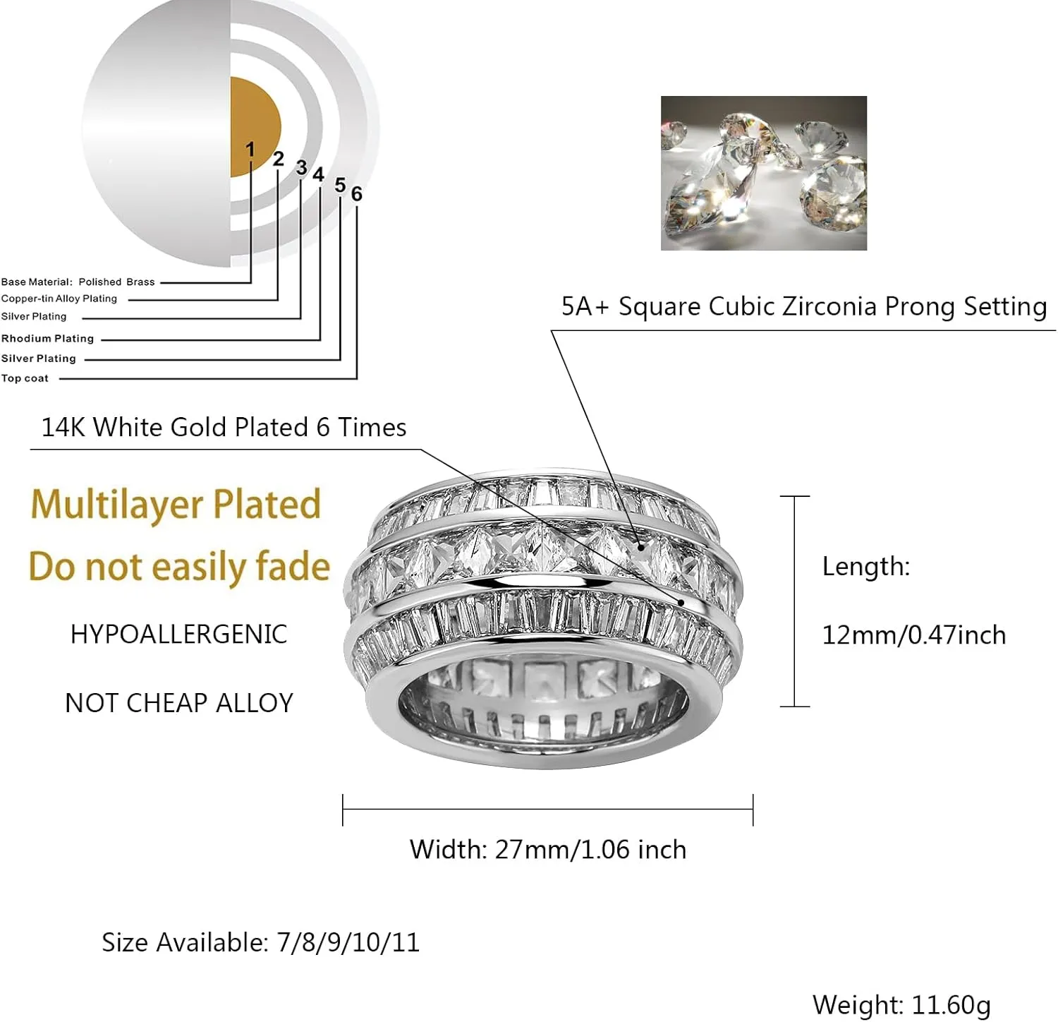 TOPGRILLZ Diamond Wedding Rings For Men 5A  Cubic Zirconia 14K Gold Silver Promise Engagement Wedding Band Pinky Rings For Men