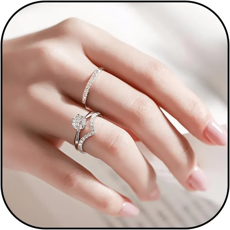 Travel Engagement Rings for Women Fake Engagement Rings Silver Engagement Ring Enhancer Bridal Wedding Rings Set Cubic Zirconia Engagement Rings for Wedding Jewelry Gifts Promise Rings for Her