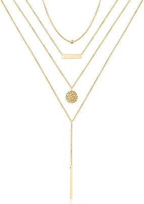 Turandoss Dainty Layered Choker Necklace, Handmade 14K Gold Plated Y Pendant Necklace Multilayer Bar Disc Necklace Adjustable Layering Choker Necklaces for Women