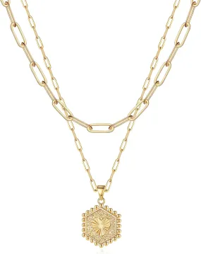 Turandoss Dainty Layered Choker Necklace, Handmade 14K Gold Plated Y Pendant Necklace Multilayer Bar Disc Necklace Adjustable Layering Choker Necklaces for Women