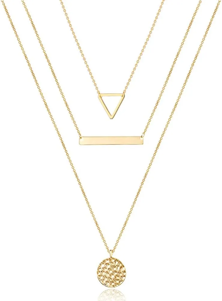 Turandoss Dainty Layered Choker Necklace, Handmade 14K Gold Plated Y Pendant Necklace Multilayer Bar Disc Necklace Adjustable Layering Choker Necklaces for Women