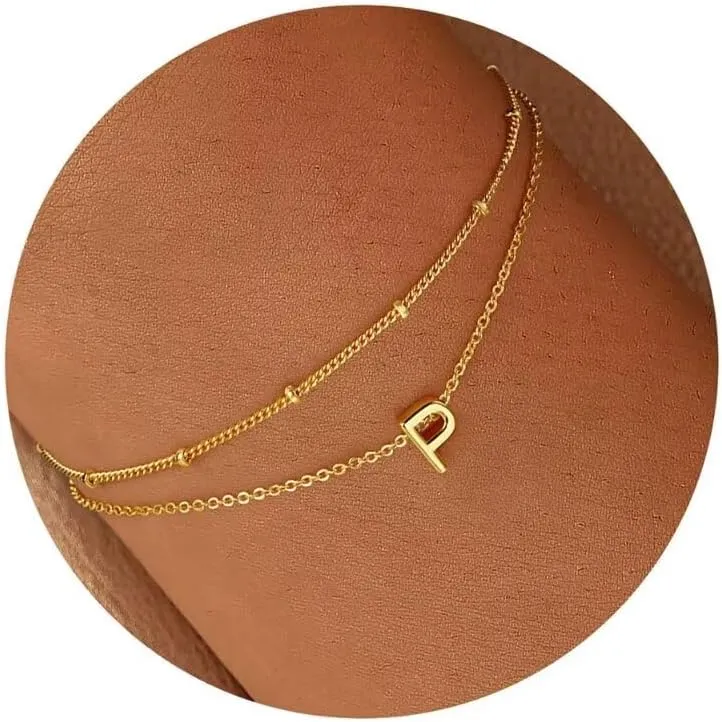 Turandoss Initial Layered Bracelets for Women, Dainty 18K Real Gold Plated Layered Letter Bracelets Charm Initial P Bracelet for Women Jewelry Trendy Gold Layered Initial Bracelet for Women