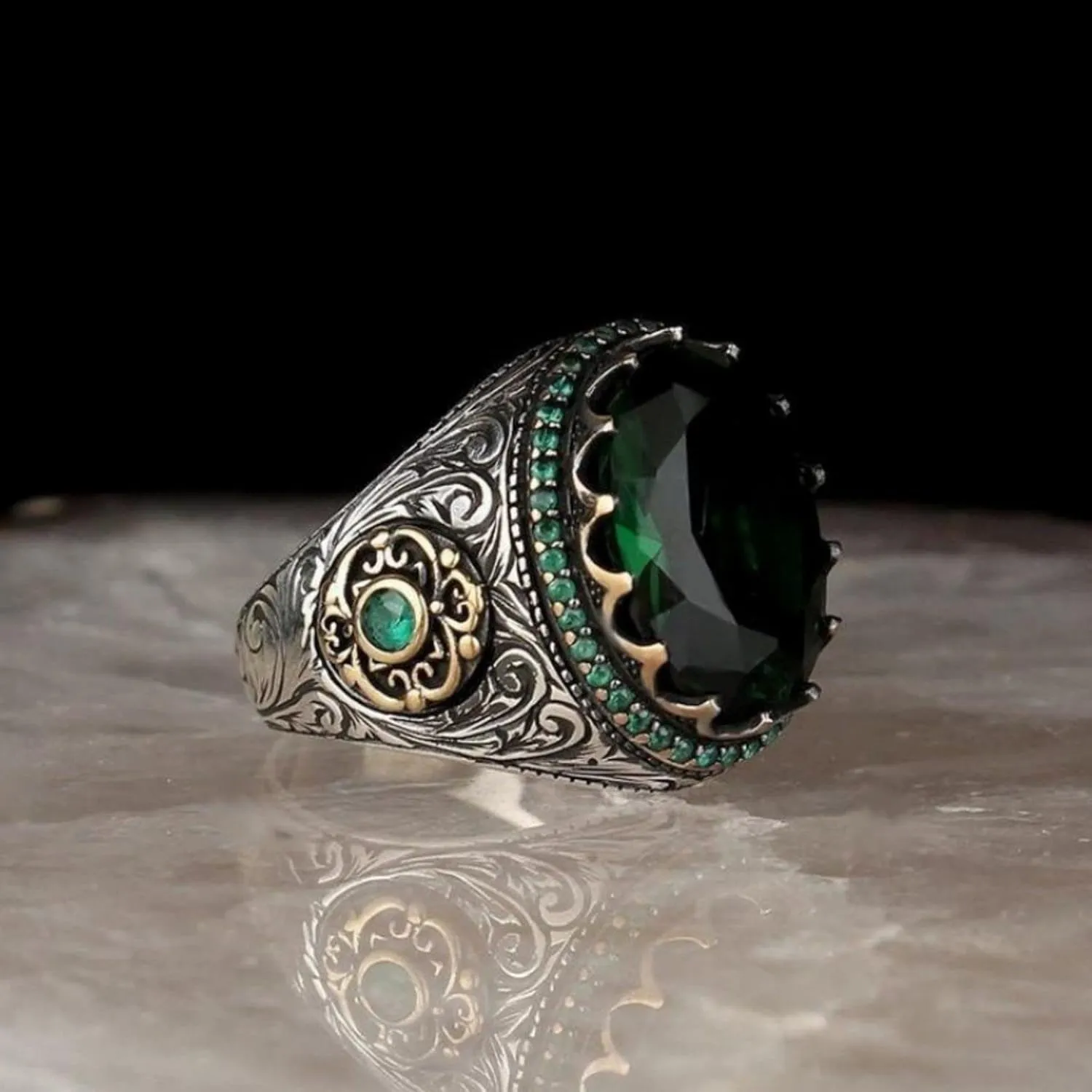 Turkish Classic Vintage Handmade Ring Green Stone Ring 925 Silver Ring Unique Design Gemstone Men's Simple Jewelry