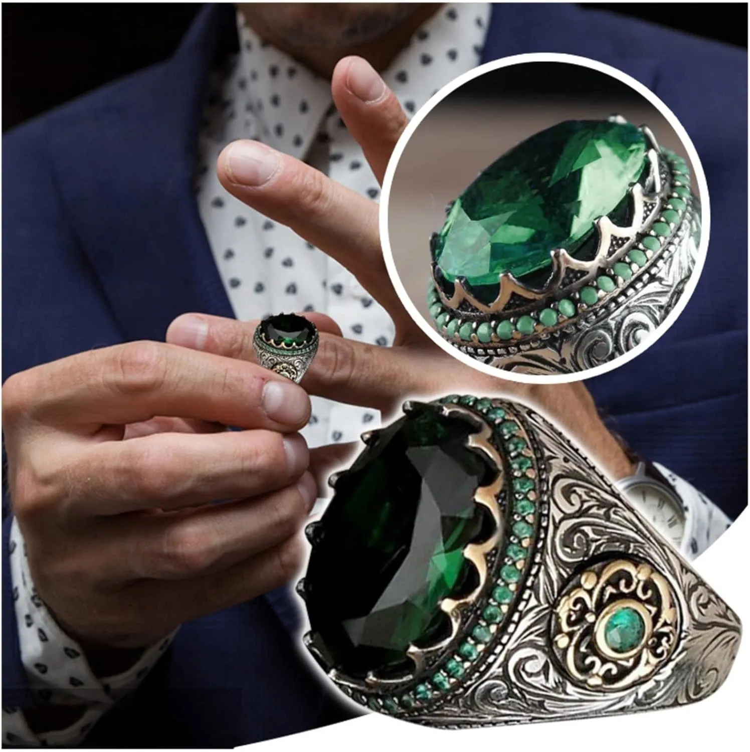 Turkish Classic Vintage Handmade Ring Green Stone Ring 925 Silver Ring Unique Design Gemstone Men's Simple Jewelry