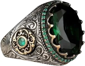 Turkish Classic Vintage Handmade Ring Green Stone Ring 925 Silver Ring Unique Design Gemstone Men's Simple Jewelry