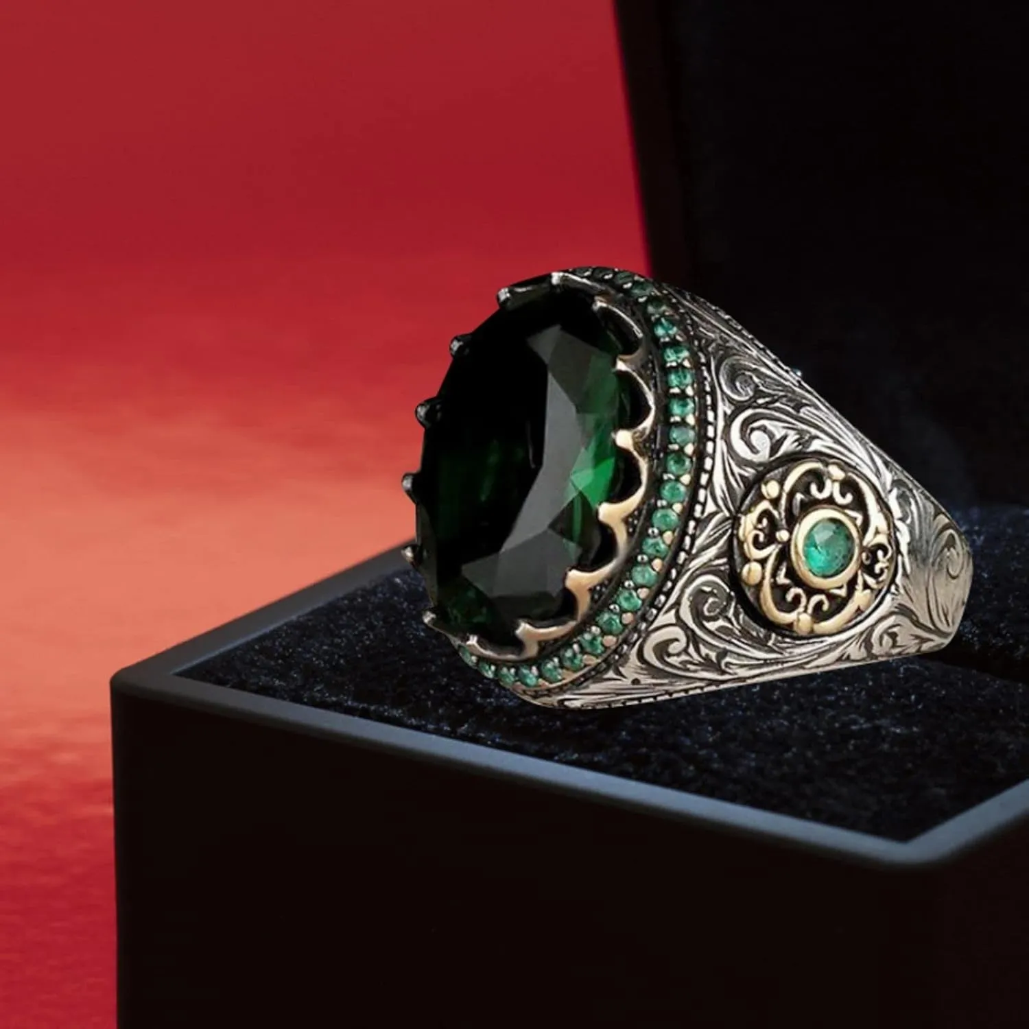 Turkish Classic Vintage Handmade Ring Green Stone Ring 925 Silver Ring Unique Design Gemstone Men's Simple Jewelry