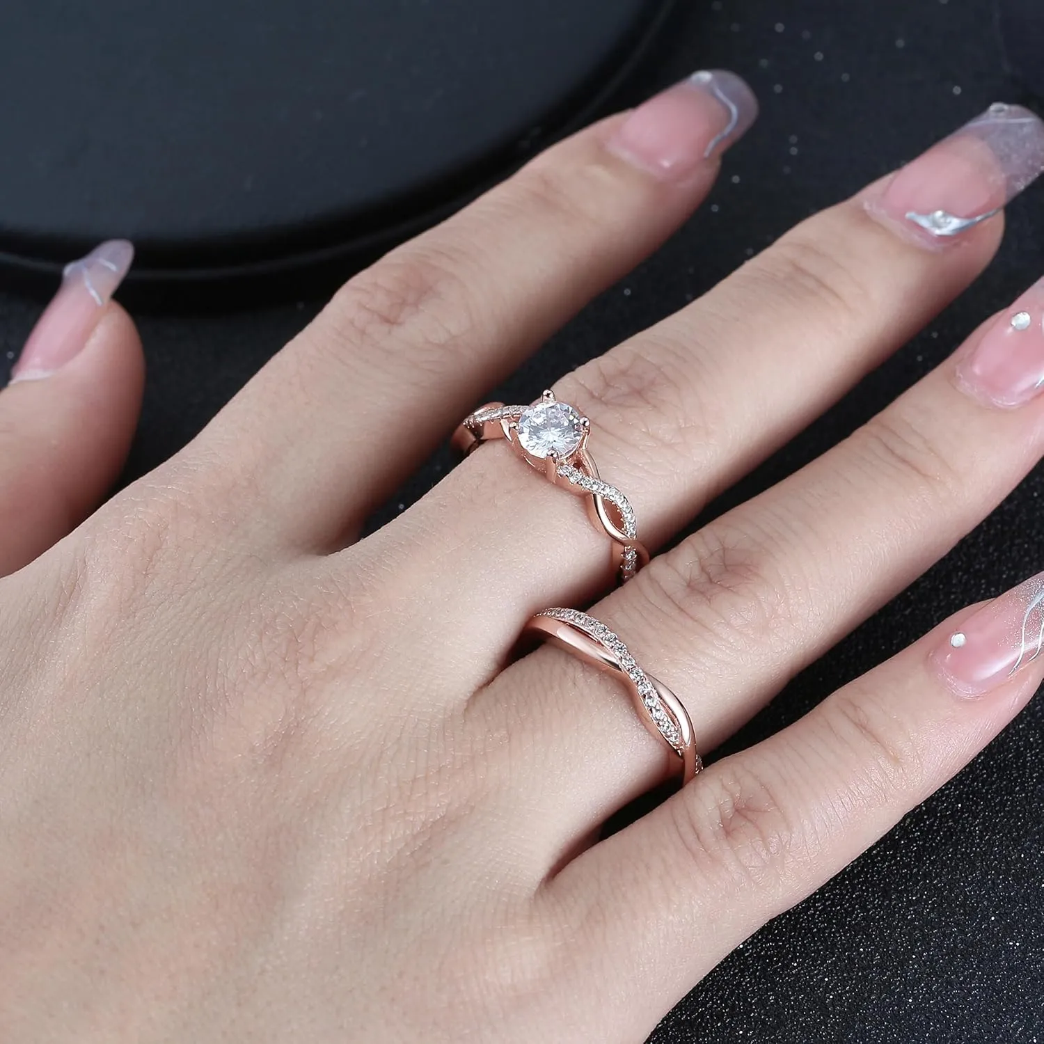 Twist CZ Engagement Rings for Women by Ginger Lyne | 1 Ct Faux Black Diamond Ring | 925 Sterling Silver 14k Gold Wedding Bridal for Women | Travel or Promise Wedding for Her