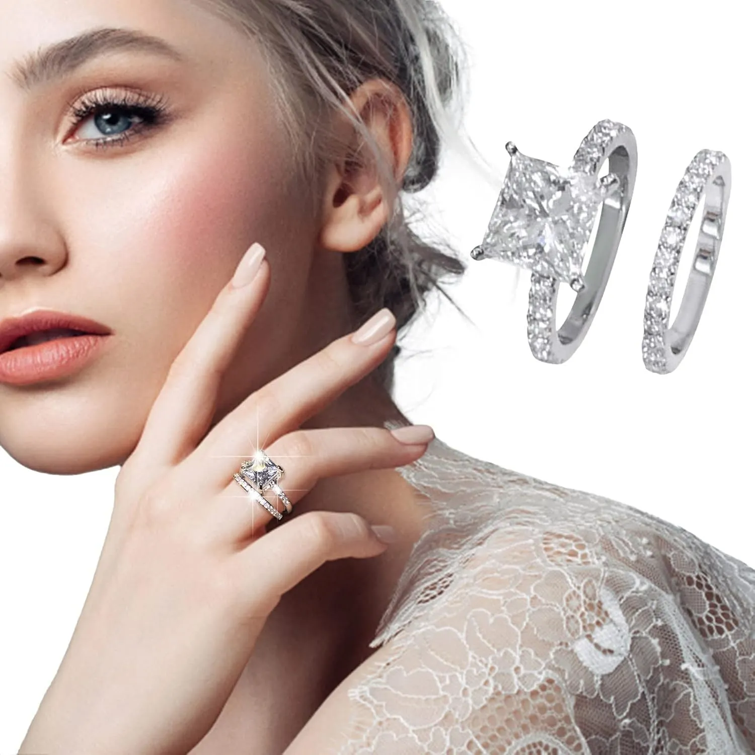 Two-in-One 925 Silver Cubic Zirconia Luxury Bridal Wedding Engagement Anniversary Statement Ring Set for Women