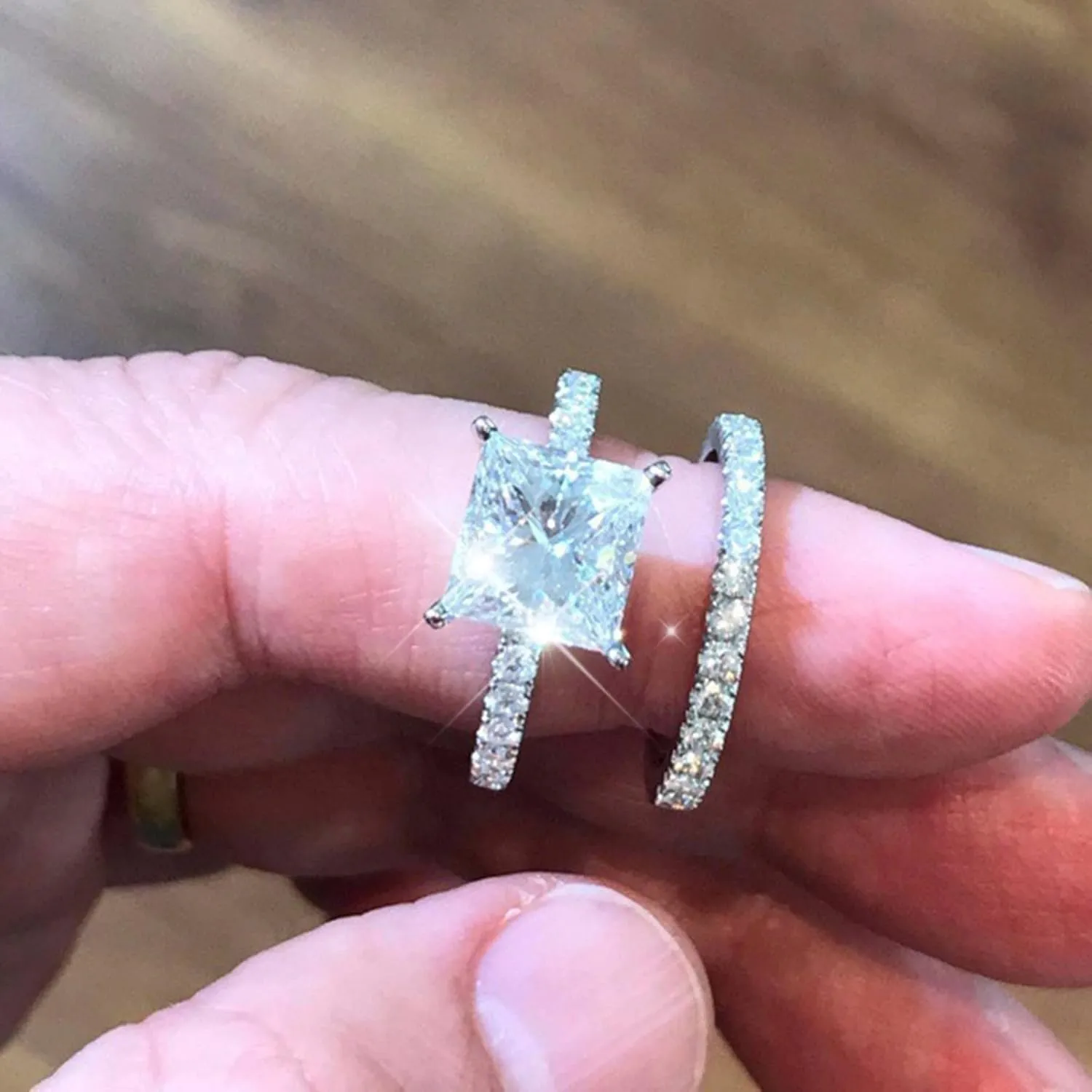 Two-in-One 925 Silver Cubic Zirconia Luxury Bridal Wedding Engagement Anniversary Statement Ring Set for Women