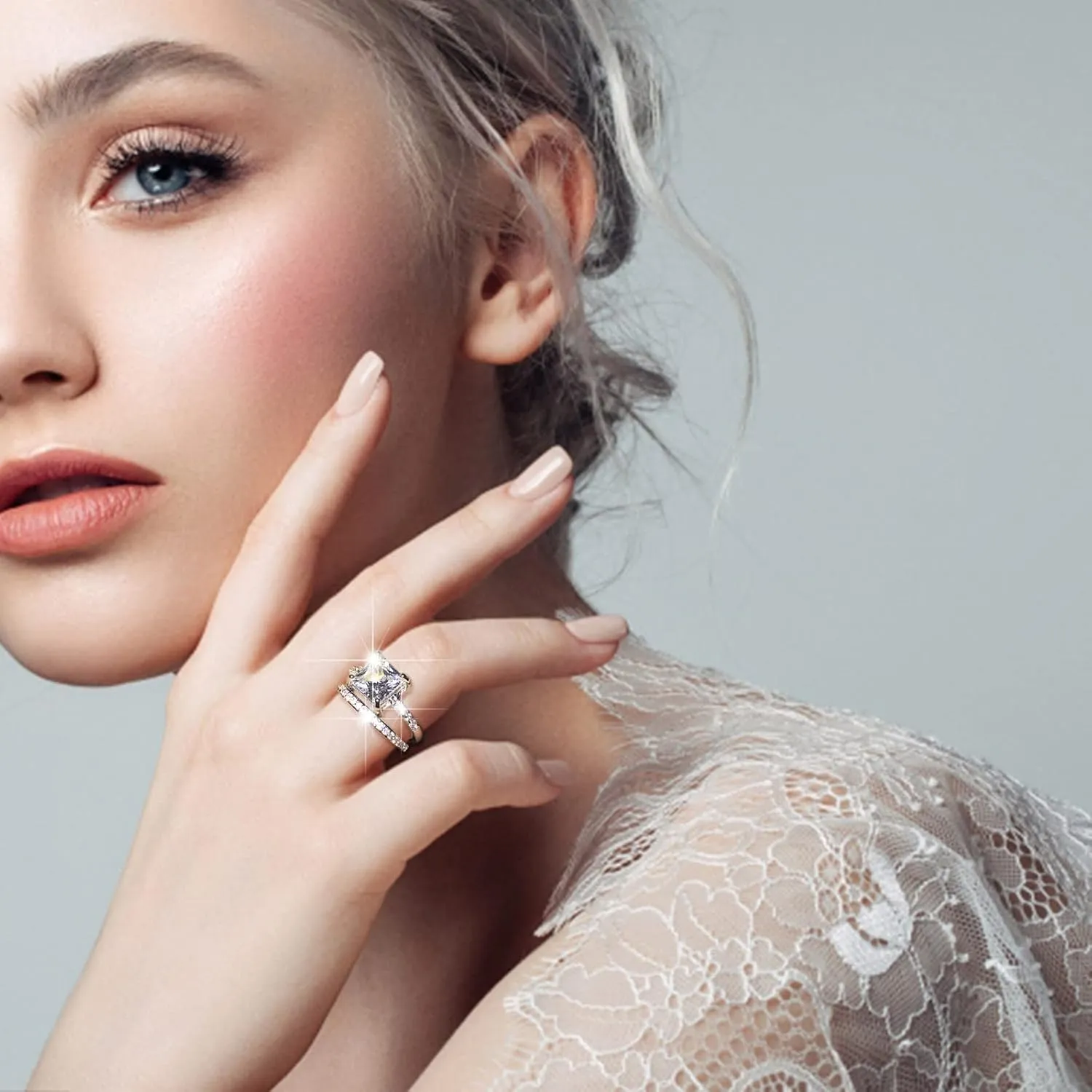Two-in-One 925 Silver Cubic Zirconia Luxury Bridal Wedding Engagement Anniversary Statement Ring Set for Women