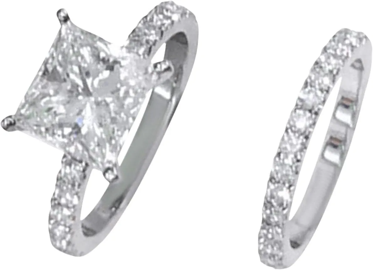 Two-in-One 925 Silver Cubic Zirconia Luxury Bridal Wedding Engagement Anniversary Statement Ring Set for Women