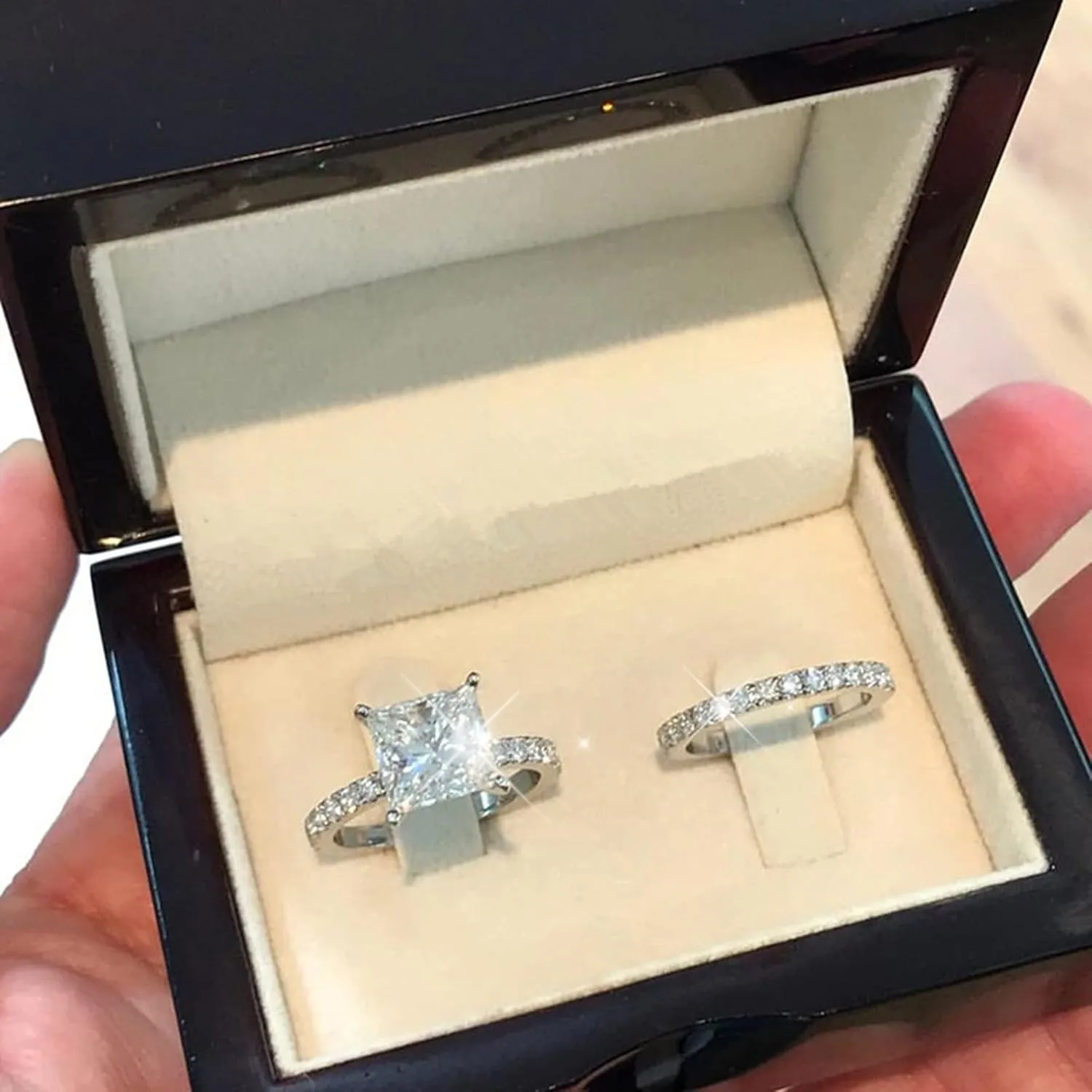 Two-in-One 925 Silver Cubic Zirconia Luxury Bridal Wedding Engagement Anniversary Statement Ring Set for Women